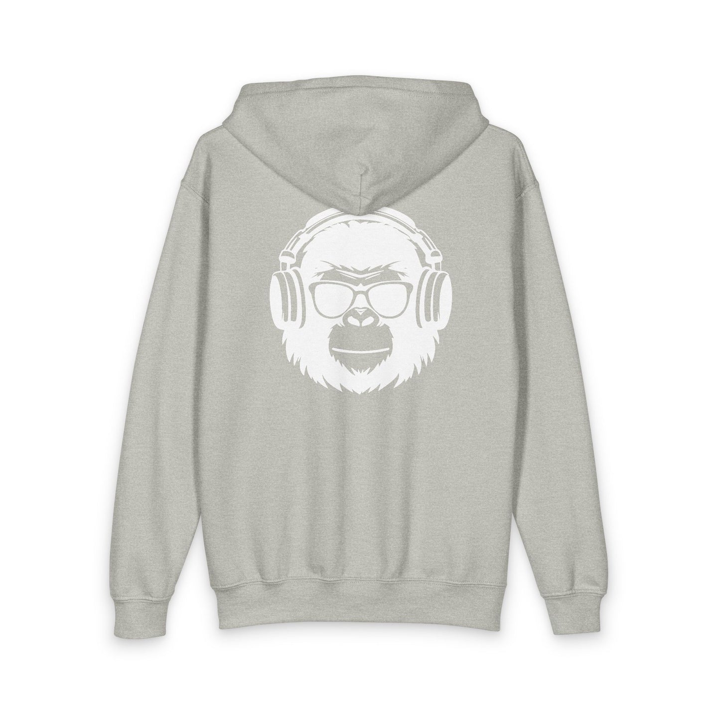 Youth Gorilla Head Zipped Hoodie — Kids Music-Lover Zip-Up with Headphones Graphic