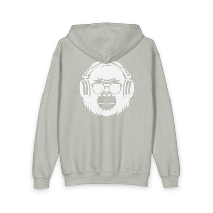 Youth Gorilla Head Zipped Hoodie — Kids Music-Lover Zip-Up with Headphones Graphic