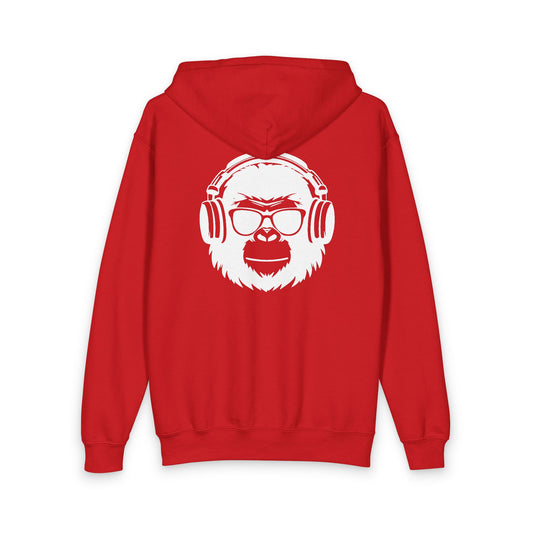 Youth Gorilla Head Zipped Hoodie — Kids Music-Lover Zip-Up with Headphones Graphic