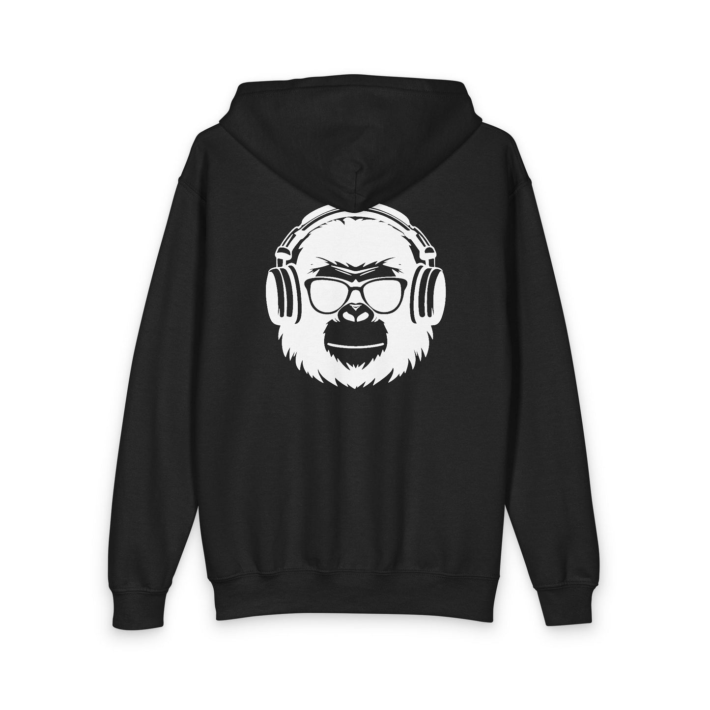 Youth Gorilla Head Zipped Hoodie — Kids Music-Lover Zip-Up with Headphones Graphic