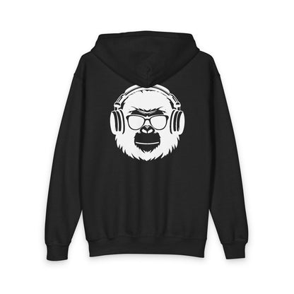 Youth Gorilla Head Zipped Hoodie — Kids Music-Lover Zip-Up with Headphones Graphic