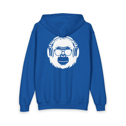 Youth Gorilla Head Zipped Hoodie — Kids Music-Lover Zip-Up with Headphones Graphic