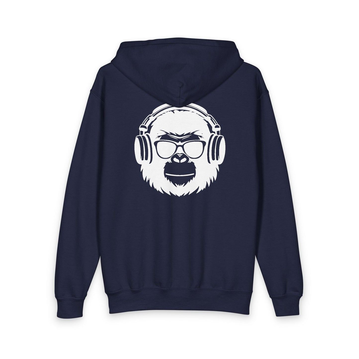 Youth Gorilla Head Zipped Hoodie — Kids Music-Lover Zip-Up with Headphones Graphic