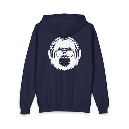 Youth Gorilla Head Zipped Hoodie — Kids Music-Lover Zip-Up with Headphones Graphic